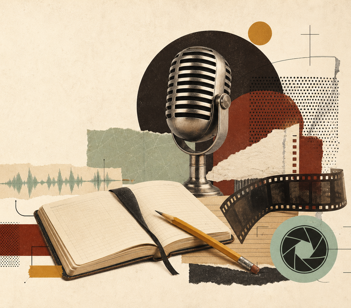 Vintage microphone collage illustration with notebook, pencil, film strip, waveform graphics, and abstract shapes
